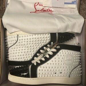 White and black “Christian Louboutin” Louis Flat Calf Spiked. Size 8 1/2.